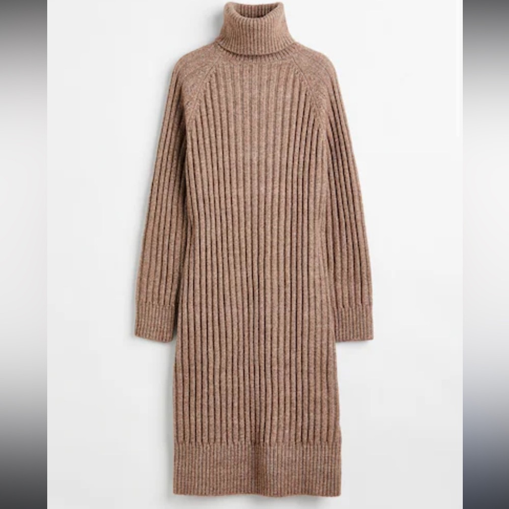 NEW NWT H&M KNIT TURTLENECK RIBBED SWEATER BEIGE TAN BROWN MIDI DRESS SZ XS